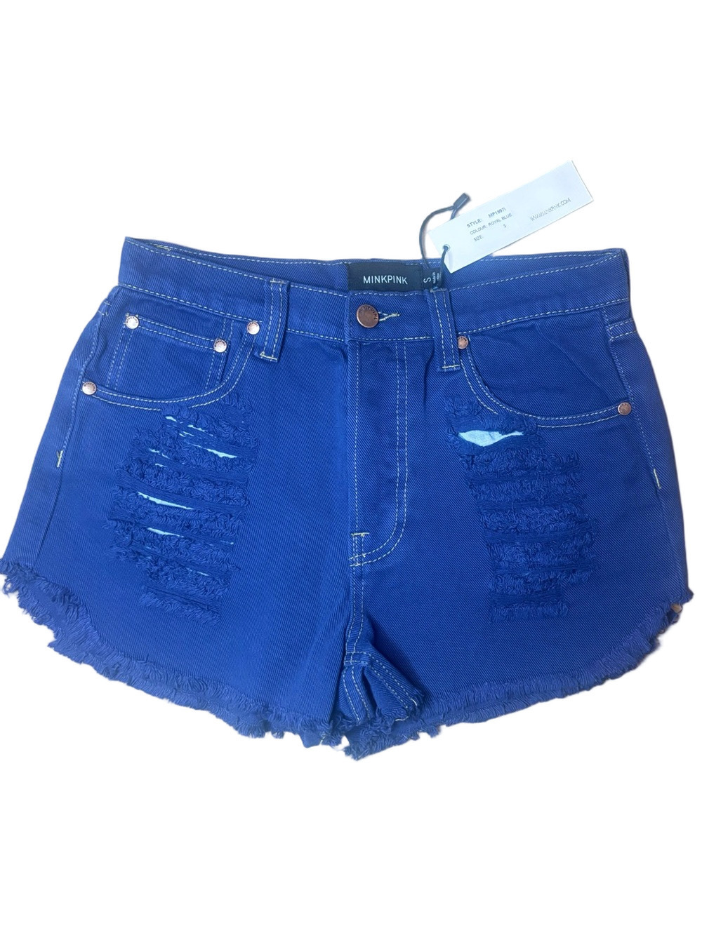 Minkpink Royal Blue Distressed Denim Shorts, Size Small, Raw Frayed Hem